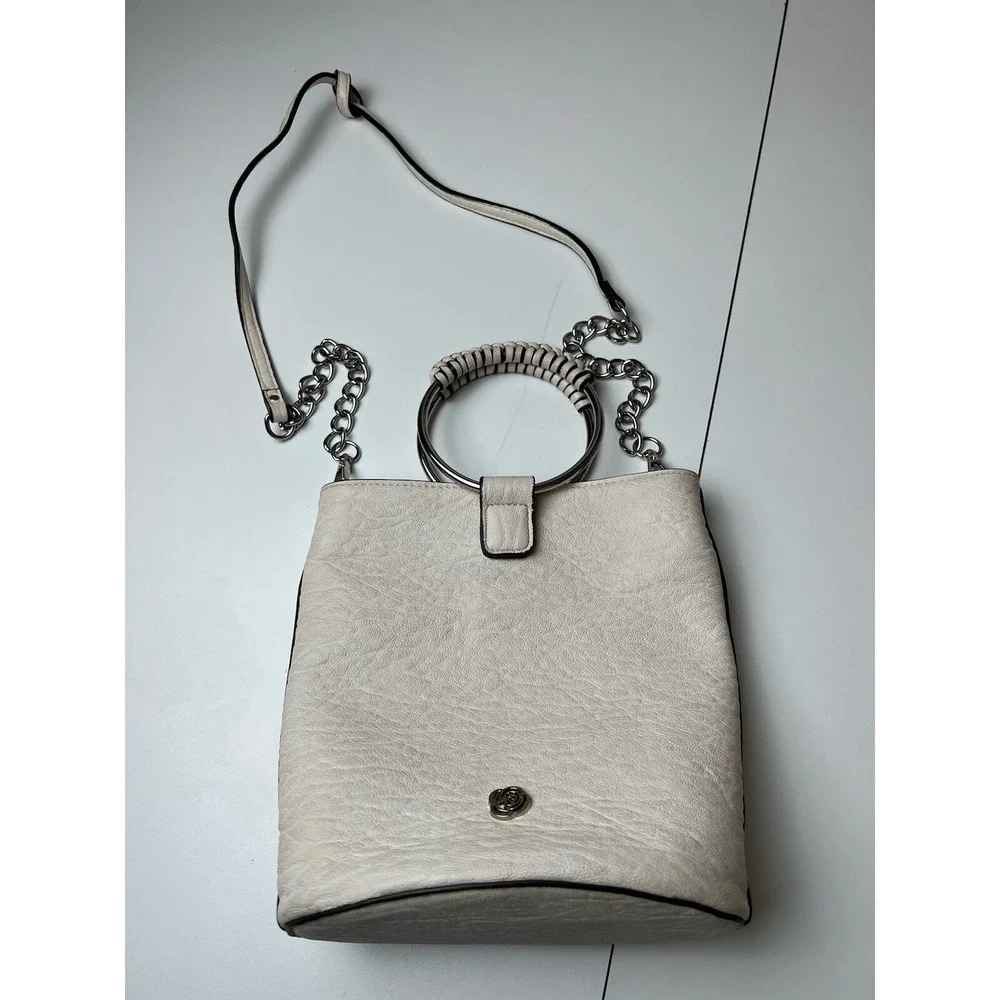 Carlos Santana Ivory Vegan Leather Bucket Round Covered Handles Cross Body Bag